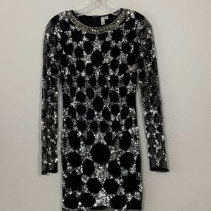 ASOS Size 0 Silver Black Star Sequin Dress Sparkle Long Sleeve Party Mesh #V70